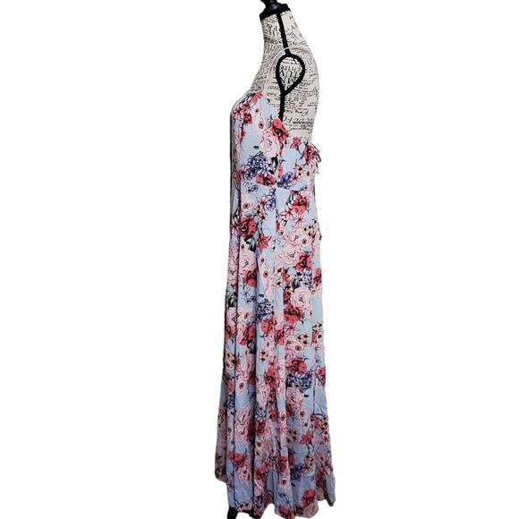 Listicle Blue Pink Floral Maxi Dress Strappy Button Front Pockets  Large - Picture 6 of 11